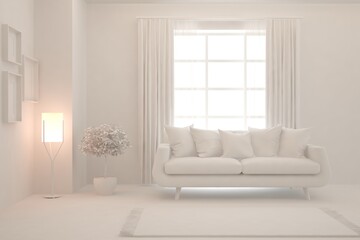 White minimalist living room with sofa. Scandinavian interior design. 3D illustration
