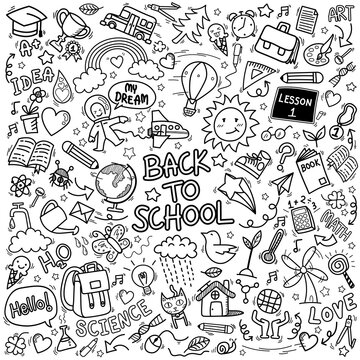 school doodle icons. hand drawn education sign and stationery supply item symbols