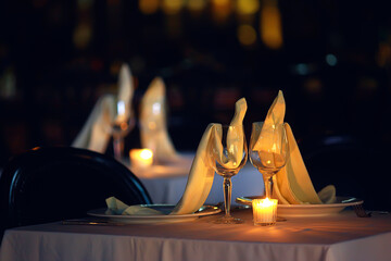 romance dinner restaurant table setting, background in abstract bar table food and wine