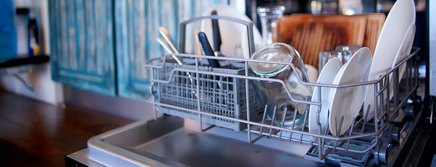 open dishwasher in the kitchen, dishes inside, clean plates in the kitchen lifestyle view