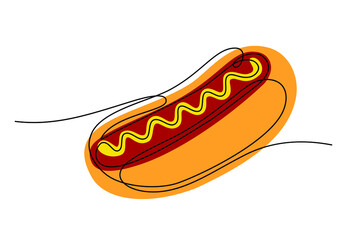 Continuous line drawing of American hot dog cafe logotype template concept. Fast food hotdog, food market logo emblem. Trendy poster, vector illustration