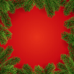 Frame of fir tree twigs on blank Red background with copy space. Design of empty center for text. Holiday elements for web banner, poster or invitation.