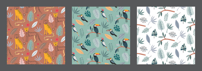 Set of three cute vector seamless pattern with leopard animals exotic birds, parrot, toucan and tropical plants. © Andrei