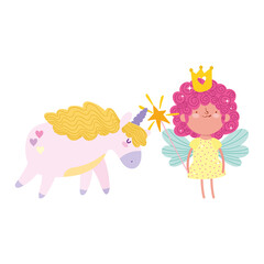little fairy princess with wand unicorn fantasy tale cartoon