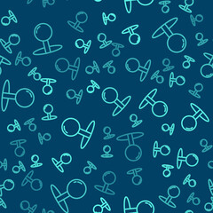 Green line Push pin icon isolated seamless pattern on blue background. Thumbtacks sign. Vector Illustration.