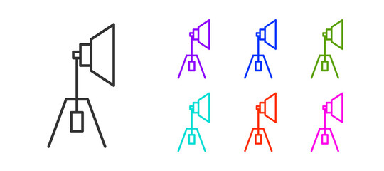 Black line Movie spotlight icon isolated on white background. Light Effect. Scene, Studio, Show. Set icons colorful. Vector Illustration.