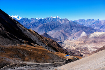 Panoramic views on a popular tourist destination trail in Nepal - Annapurna Circuit Trail. Way to...