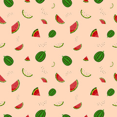 Fruit seamless pattern, Watermelon on pink wallpaper.
