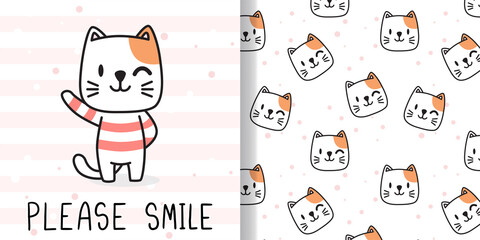 Draw happy cat. Print seamless pattern and Greeting card for fabric textiles kids