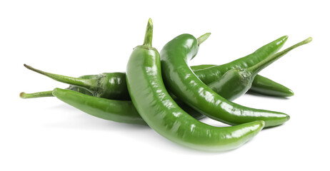 Green hot chili peppers on white background