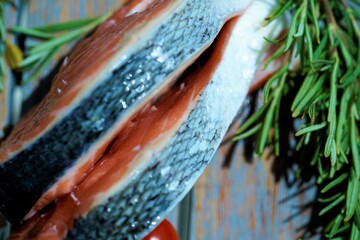 top view on fresh salmon steaks