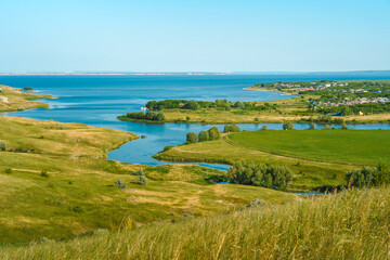Russian landscape on the Volga, green hills and Islands