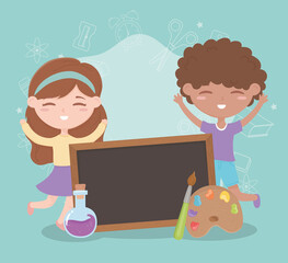back to school, student boy and girl blackboard test tube and color palette education cartoon