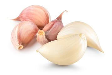 Garlic white background. Garlic cloves on white. Garlic clove isolated. Peeled, unpeeled garlic cloves.