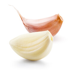 Garlic clove on white. 2 garlic cloves isolated. Peeled, unpeeled garlic cloves.