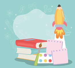 back to school, books palette color and rocket education cartoon