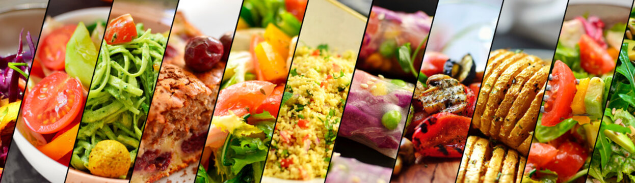 Collage of varied cooked food. Assortment and menu for the cafe.