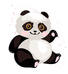 A cute panda is sitting and waving its paw. Simple flat vector illustration. Animal in the zoo, element for design, isolated on white background