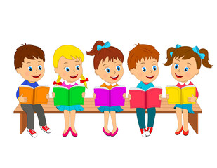 kids,boys and girls read books sit on the bench, illustration, vector