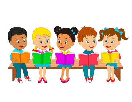 kids,boys and girls read books sit on the bench, illustration, vector
