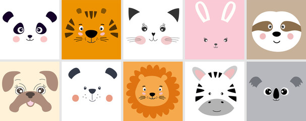 Cute cartoon animals panda, tiger, cat, rabbit, sloth, pug, bear, lion, zebra and koala, kawaii flat style.