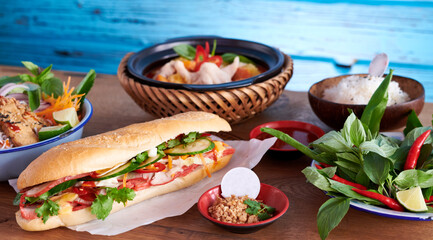 Fototapeta na wymiar Vietnam thailand Asien Essen im Restaurant mit Fleisch Gemüse und Reis frisch zubereitet