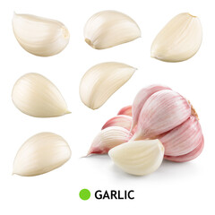 Garlic white background. Garlic bulb and cloves on white. Garlic bulb, clove isolated. White garlic. Set.