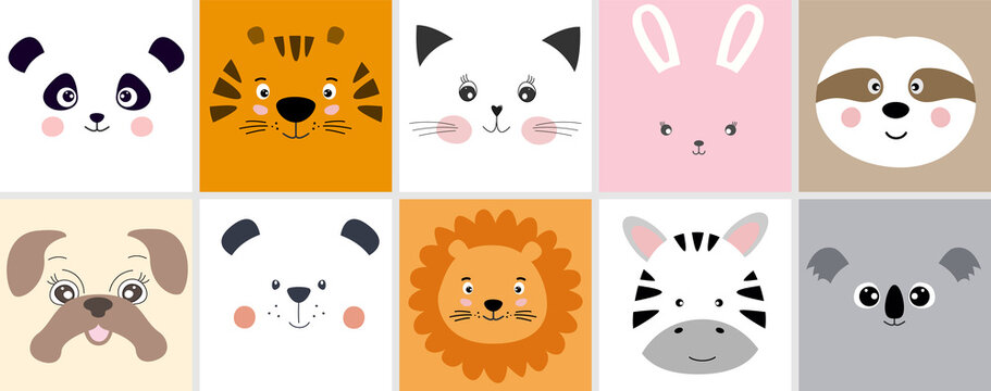 Cute Cartoon Animals Panda, Tiger, Cat, Rabbit, Sloth, Pug, Bear, Lion, Zebra And Koala, Kawaii Flat Style.