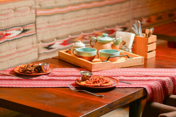 Traditional Ukrainian food in assortment in festive decorating on the table. National cuisine. Ukrainian dishes.