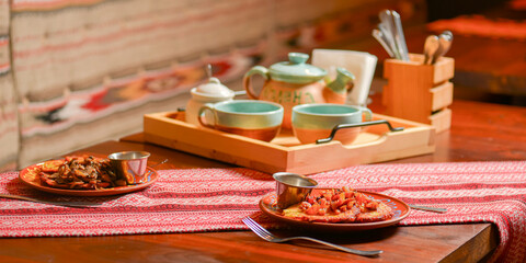 Traditional Ukrainian food in assortment in festive decorating on the table. National cuisine. Ukrainian dishes.