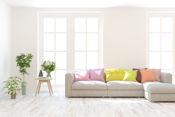 White living room with sofa. Scandinavian interior design. 3D illustration
