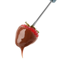 Strawberry with chocolate on fondue fork against white background