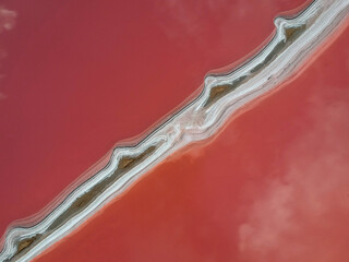 Aerial view of a pink salt lake. Azov Ukraine