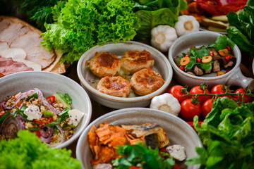 Presentation of georgian cuisine. Baked mushrooms with suluguni cheese, Tbilisi Caesar, caprese, lavash bread, Pkhali.