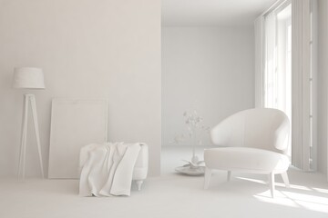 Mock up of stylish room in white color with armchair. Scandinavian interior design. 3D illustration