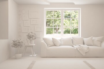 White living room with sofa and summer landscape in window. Scandinavian interior design. 3D illustration