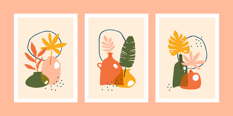 Set of minimalistic posters or cards with abstract tropical leaves composition in trendy contemporary collage style. 