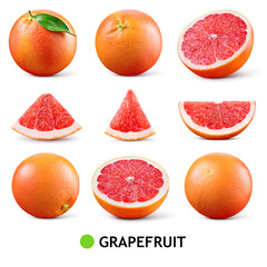 Grapefruit isolated. Pink grapefruit with leaf. Grapefruit whole, slice, half on white. Grapefruit...