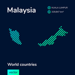 Vector  striped map of Malaysia in green colors on the dark blue background