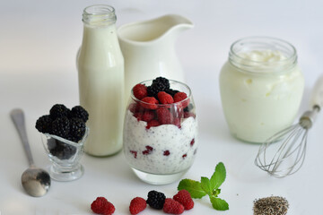 Healthy food and breakfast. glass of delicious homemade smoothie, dessert made from chia and berries. delicious milkshake, vegan raw food. Summer card. Good morning.Selective focus.