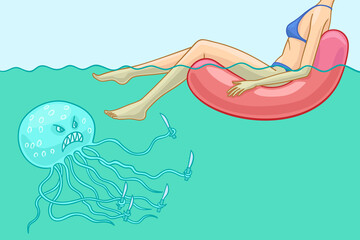 Sea jellyfish wants to sting a bathing girl.