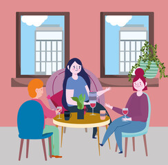 social distancing restaurant or a cafe, people talking at table keep distance, covid 19 coronavirus, new normal life