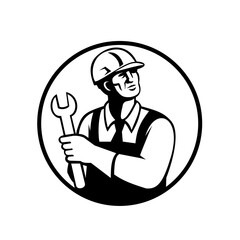 Repairman or Handyman Holding a Spanner Looking Up Circle Retro Black and White