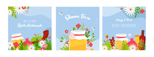 Naklejka premium Rosh hashanah jewish new year holiday greeting card design set. Greeting cards with symbols of Jewish holiday Rosh Hashana, New Year. Shana Tova - Blessing of Happy new year. Vector illustration desig