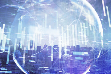 Double exposure of business theme hologram drawing and city veiw background. Concept of success.