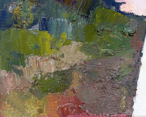 Expressive embossed pasty oil paints and reliefs. Primary colors: green, gray, blue and white. Abstract art.