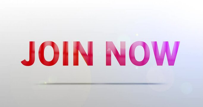Join now. Particle Logo. Text Animation. Red Logotype on white grey background. Rotation and Slide. High quality 4k footage