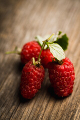 Freshly harvested raspberry on the rustic wooden background. Selective focus. Shallow depth of field.
