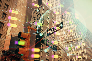 Map and data theme hologram on city view with skyscrapers background double exposure. International technology in business concept.