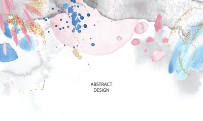 Abstract background with watercolor brush strokes and gold glitter.Modern fashion design, vector illustration